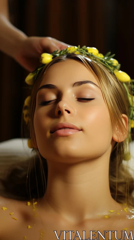 Woman Enjoying Spa Treatment with Yellow Flower Wreath AI Image