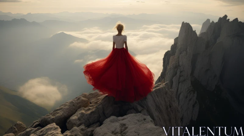 AI ART Woman on Mountaintop in Red Dress