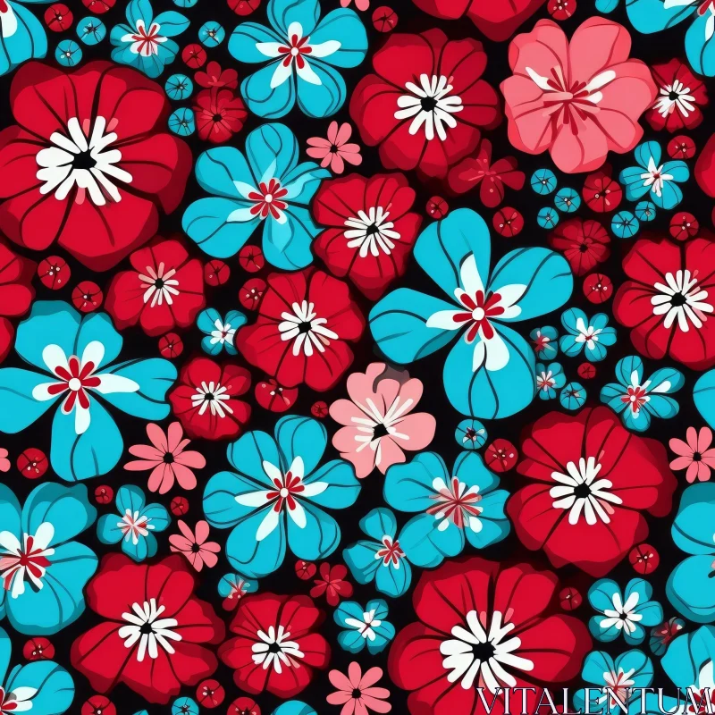 Cartoon Flowers Seamless Pattern - Black Background AI Image