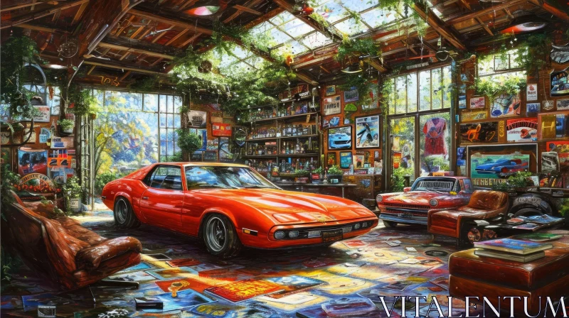Classic Car Garage with Red Sports Car and Blue Vintage Car AI Image