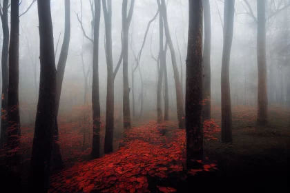 Enchanting Forest with Vibrant Red Leaves - Mesmerizing Atmosphere