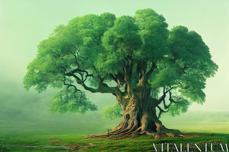 Majestic Green Tree: Realistic Fantasy Artwork AI Image