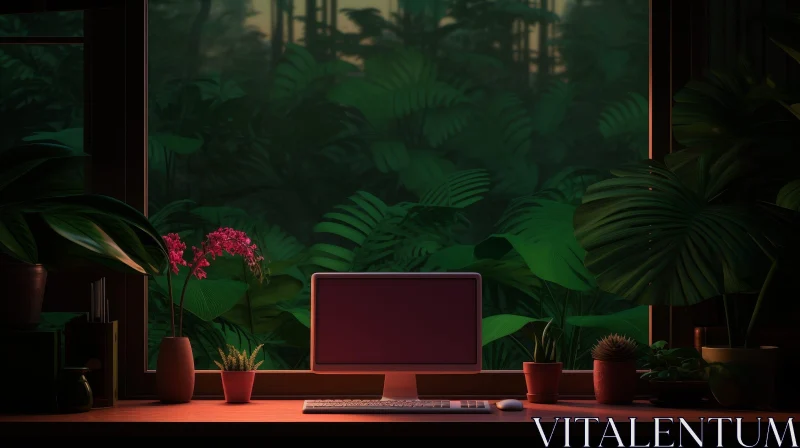 Modern Home Office with Jungle View AI Image