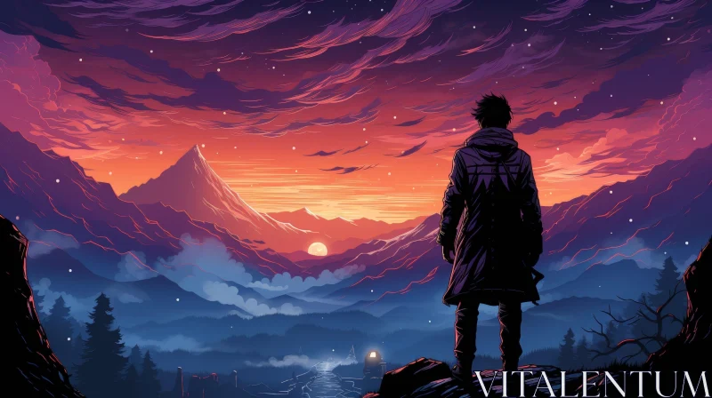 Mysterious Man on Cliff at Sunset with Mountain Range View AI Image