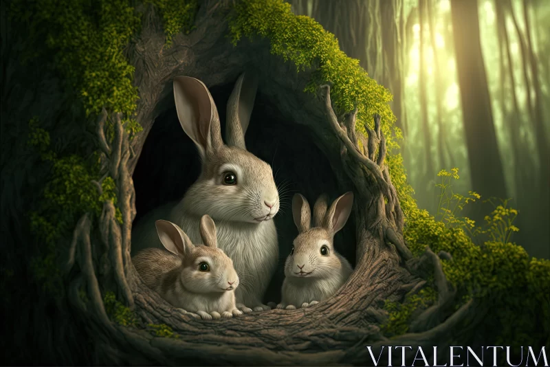 Realistic Hyper-Detailed Portraits of Rabbits in a Forest AI Image