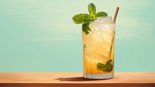 Refreshing Light-Yellow Cocktail with Mint Sprig on Wooden Table