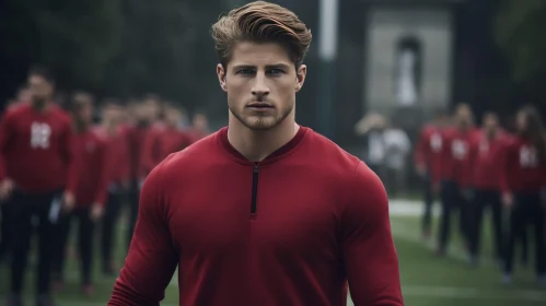 Serious Male Model in Red Shirt on Football Field Background