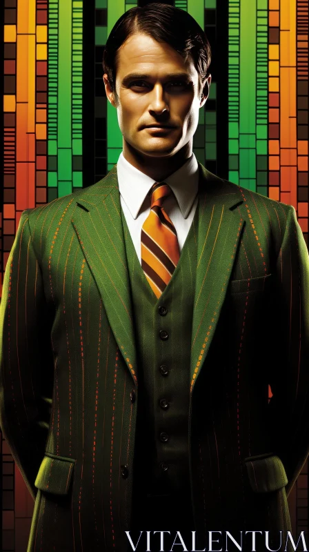 Serious Man in Green Suit with Geometric Background AI Image