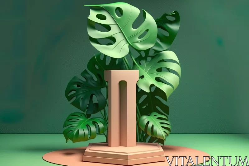 Surreal 3D Rendering of a Plant-Adorned Pedestal in Postmodern Style AI Image