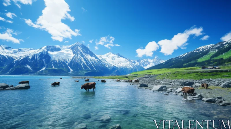 Tranquil Mountain Landscape with Clear Lake and Snowy Peaks AI Image