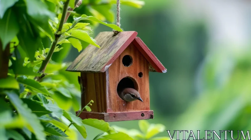 Tranquil Nature Scene: Bird in Wooden Birdhouse on Tree Branch AI Image