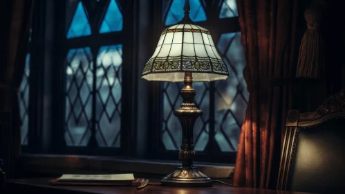 Vintage Lamp Illuminating Dark Wooden Table