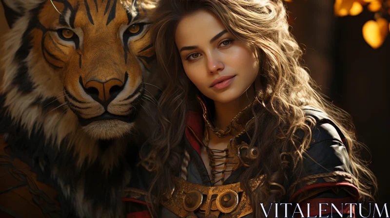 AI ART Woman with Tiger in Nature