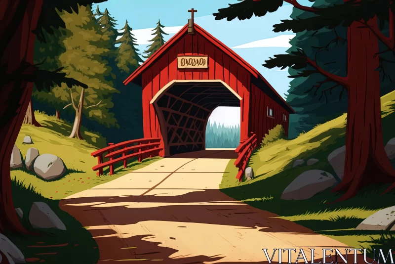 Captivating Cartoon Covered Bridge in a Lush Forest AI Image