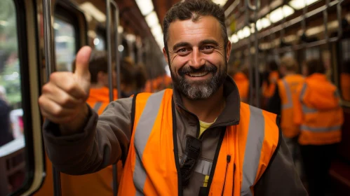 Cheerful Man in Orange Safety Vest Inside Train