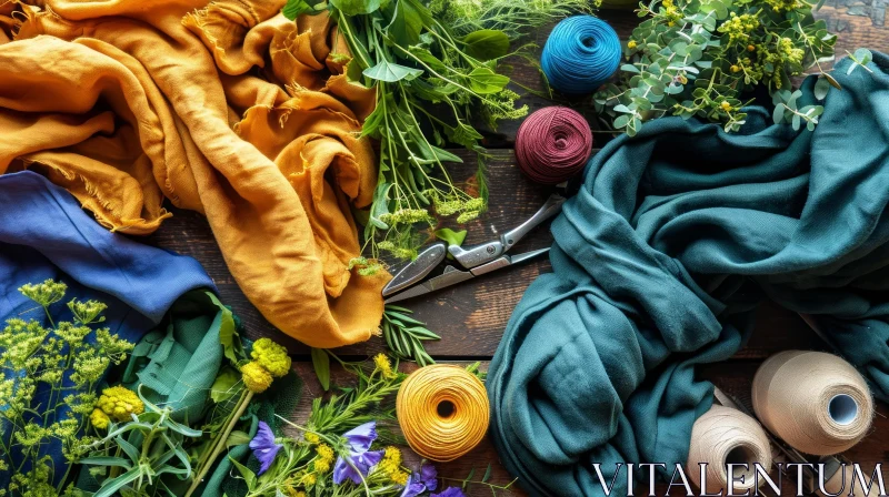 Colorful Fabrics and Botanical Elements | Artistic Flat Lay Composition AI Image