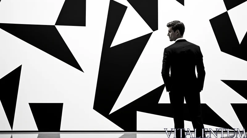 Elegant Man in Black Suit Standing Before Geometric Mural AI Image