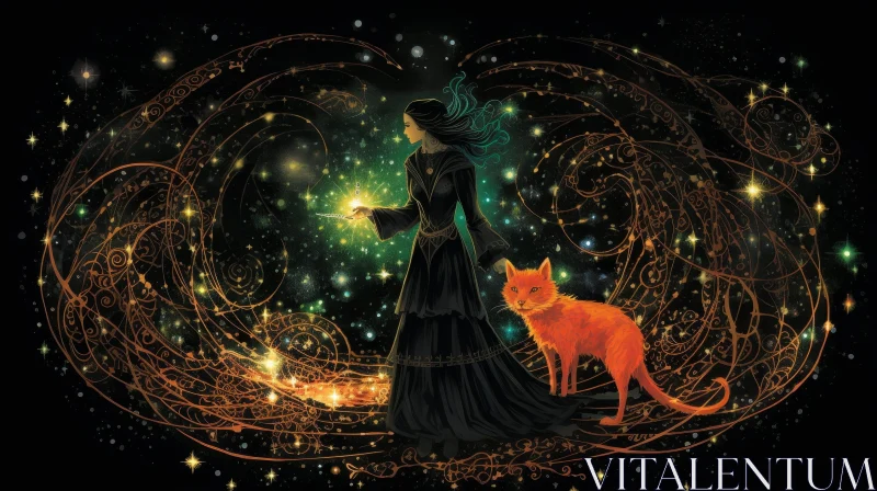 Enchanting Fantasy Illustration of Woman in Night Sky with Red Cat AI Image