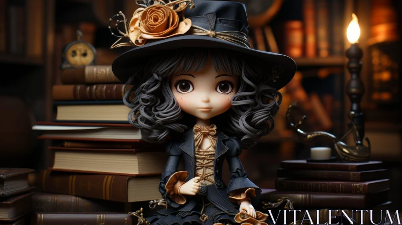 Enchanting Witch Figurine on Books with Candle AI Image