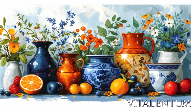 Floral Still Life Painting with Fruits | Peaceful and Serene AI Image