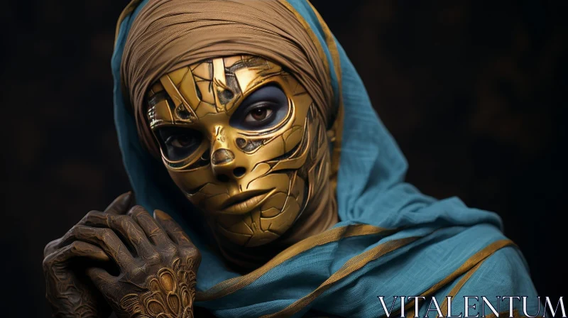 Golden Mask Portrait of Woman with Blue Headscarf AI Image