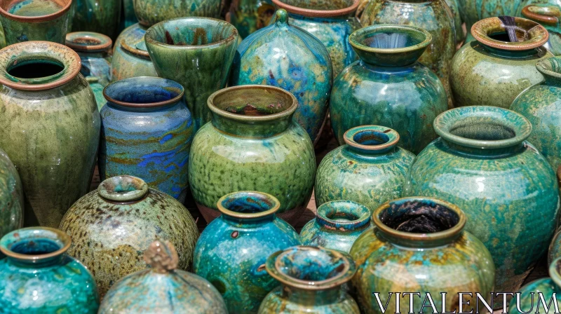 Handmade Ceramic Pots and Vases in Shades of Green and Blue AI Image