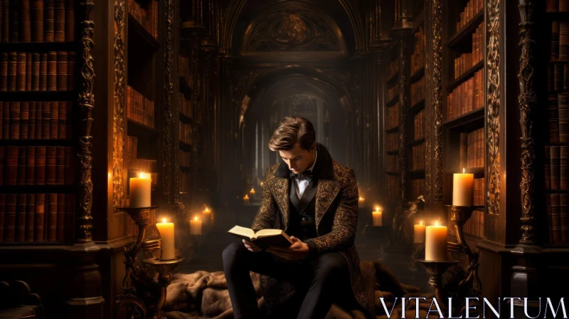 Intriguing Young Man Reading in Mysterious Library AI Image