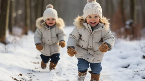 Joyful Children Running in Winter Forest