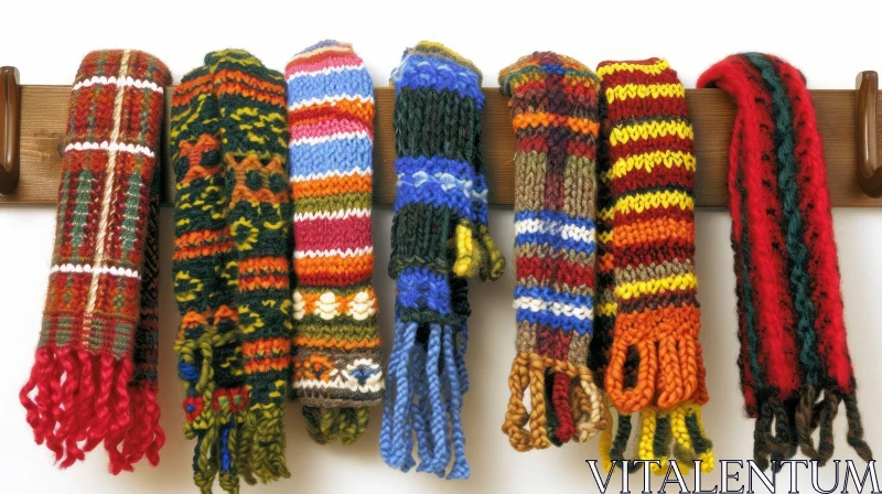 Knitted Scarves | Colorful Patterns | Wool | Wooden Rack AI Image