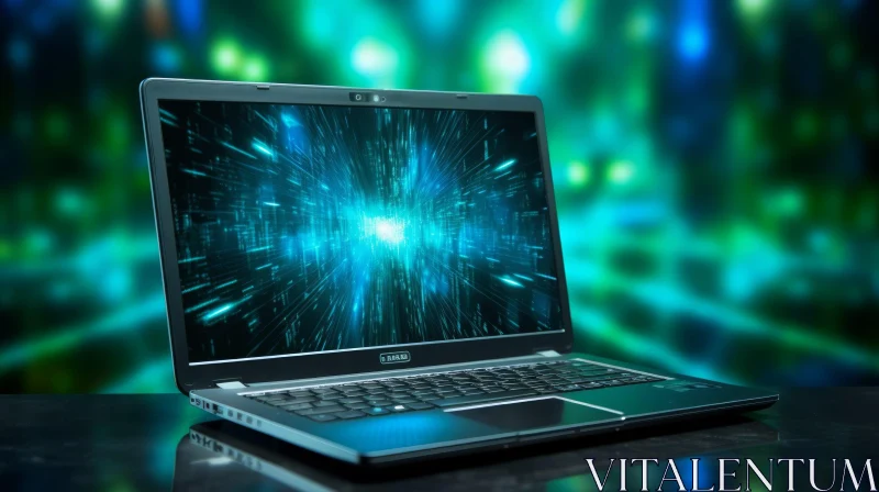 Modern Laptop on Black Table with Green Background AI Image