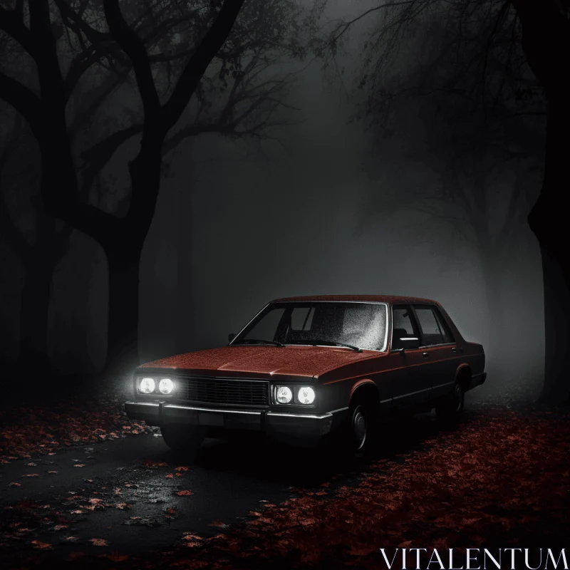Mysterious Red Car in Dark Forest - Haunting Suburban Gothic AI Image