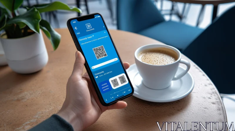 Person Holding Smartphone with QR Code in Modern Cafe AI Image