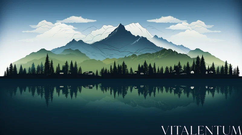 Snowy Mountain Range and Lake Landscape AI Image