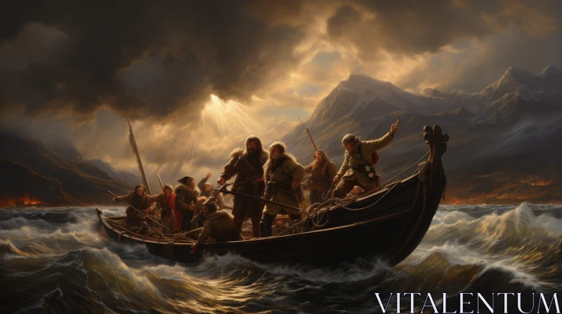 Vikings in Boat Caught in Storm AI Image