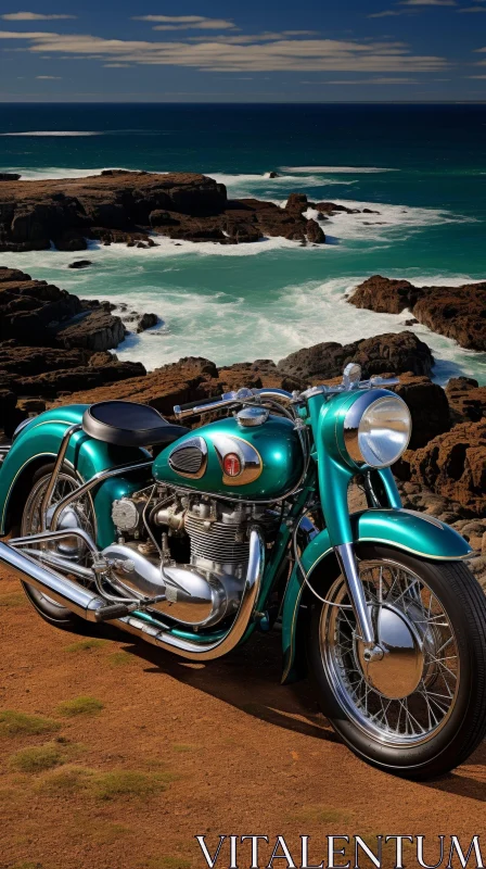 AI ART Vintage Green Motorcycle on Cliff Overlooking Ocean
