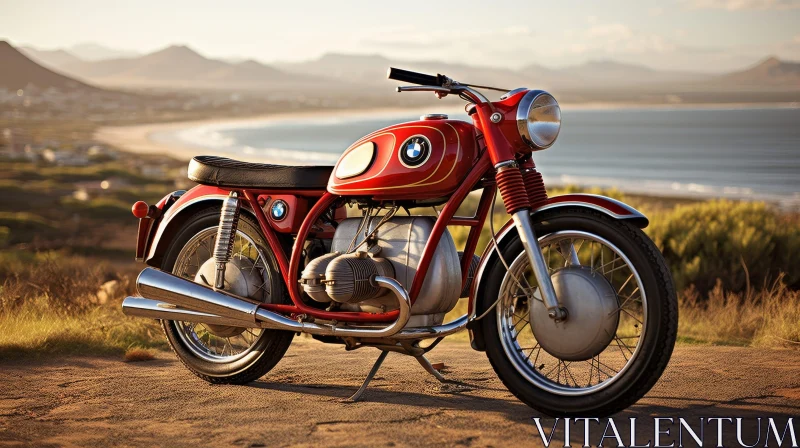 AI ART Vintage Red BMW Motorcycle on Cliff Overlooking Ocean