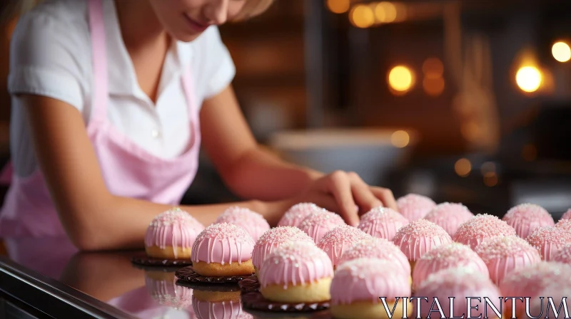 Woman Arranging Pink Cream Puffs - Culinary Delight AI Image