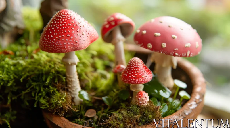 Beautiful Red Mushrooms with White Spots in a Green Mossy Pot AI Image