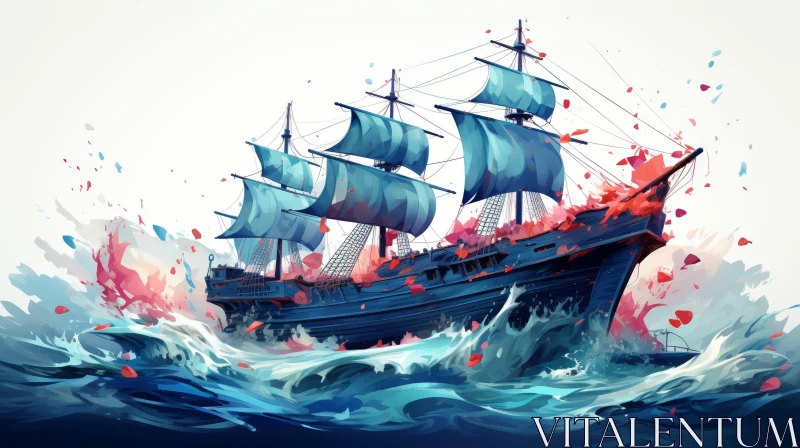 Blue Ship at Sea Digital Painting AI Image