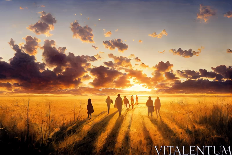 Captivating Painting of People Walking in a Golden Wheat Field AI Image