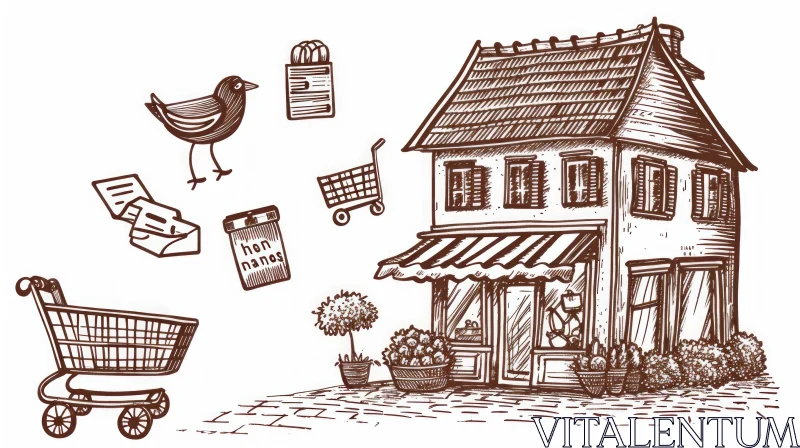 Charming Small Shop Illustration with Flower Garden AI Image