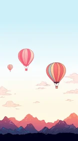 Colorful Hot Air Balloons Illustration Over Mountain Range
