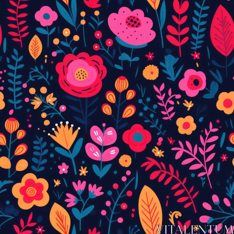 Dark Blue Floral Pattern | Bright Colors | Fabric Print AI Image