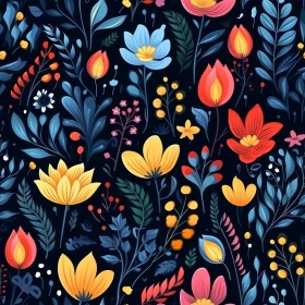 Dark Blue Floral Pattern - Colorful Flowers and Berries Design