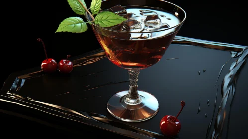 Dark Red Cocktail with Ice Cubes and Cherries