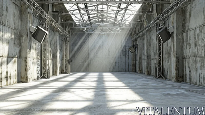 Empty Industrial Warehouse with Concrete Walls and Metal Truss Roof AI Image