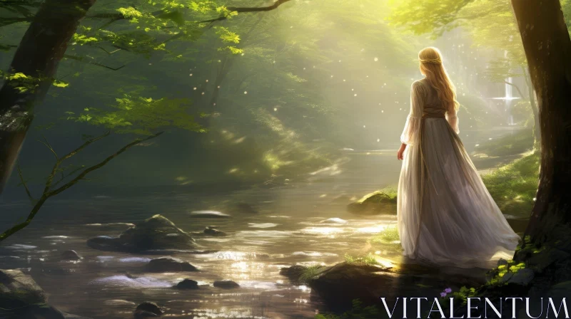 Enchanting Woman in White Dress by Forest River AI Image