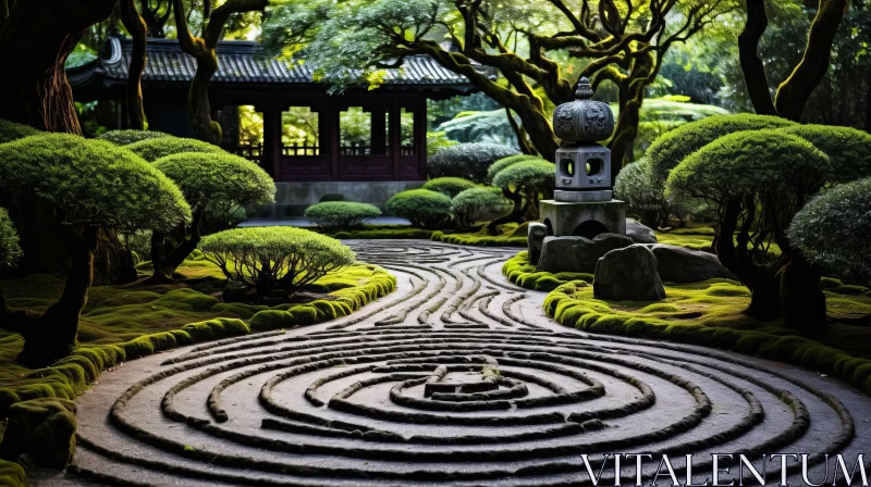 Enthralling Asian Garden with Labyrinth and Organic Stone Carvings AI Image