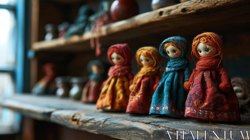 Exquisite Handmade Dolls on a Rustic Wooden Shelf AI Image