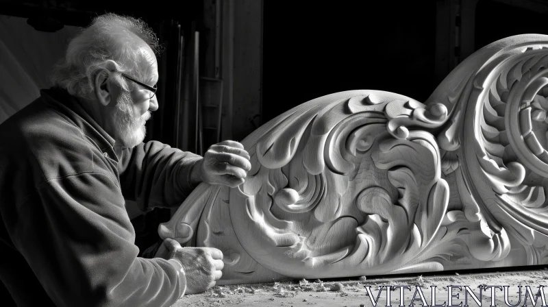 AI ART Intriguing Black and White Woodcarver Image - Craftsmanship at Its Finest